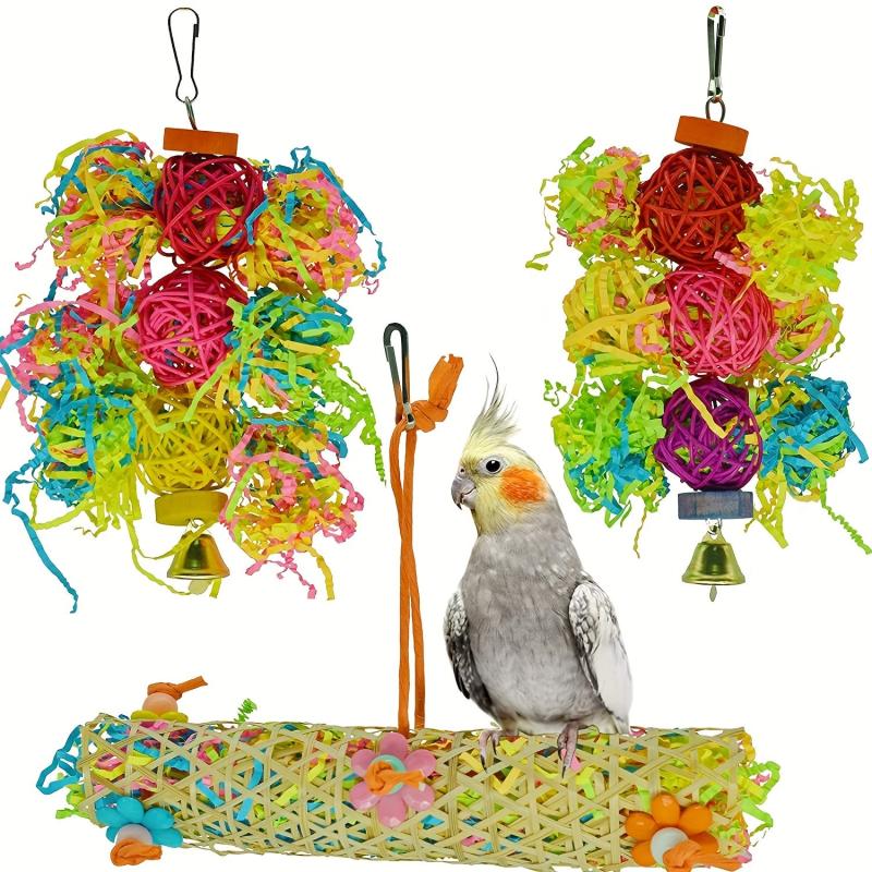 3pcs Parrot Toys Set - Shredded Paper Rattan Ball Bird Toy