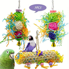 3pcs Parrot Toys Set - Shredded Paper Rattan Ball Bird Toy