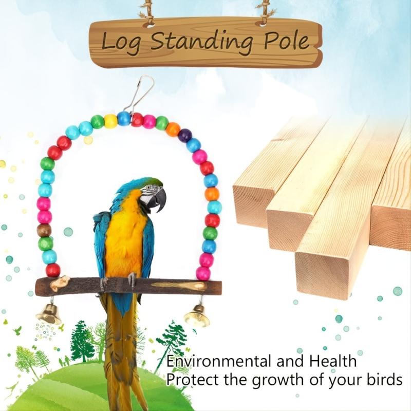 Rainbow Beads Log Standing Pole for Parrot Birds Fun Toy