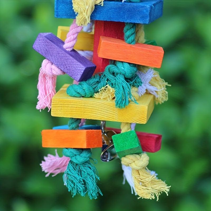 Colorful Parrot Chewing Toy with Rope, Wood Cage Bite Toy