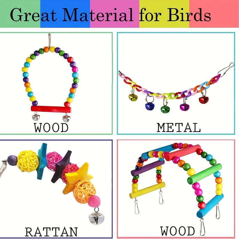 7pcs Colorful Parrot Bird Toy Set Swing Chewing Hanging Cage Toy With Bell