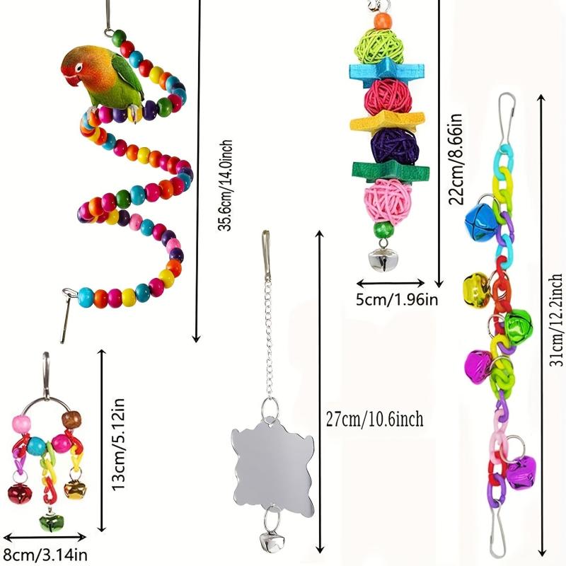 7pcs Colorful Parrot Bird Toy Set Swing Chewing Hanging Cage Toy With Bell
