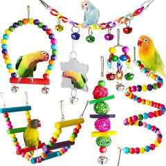 7pcs Colorful Parrot Bird Toy Set Swing Chewing Hanging Cage Toy With Bell