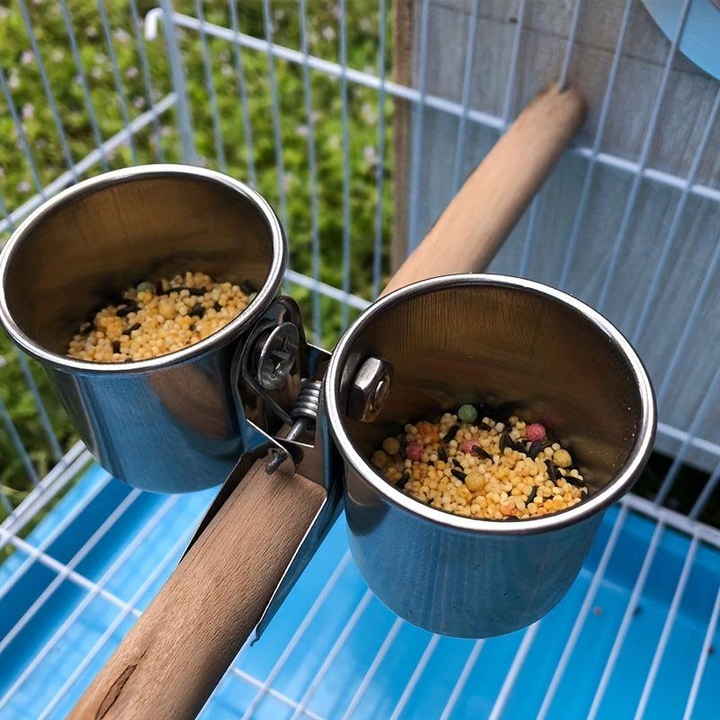 Stainless Steel Double Cups with Clip for Parrot Cage Food and Water