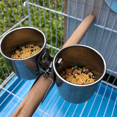Stainless Steel Double Cups with Clip for Parrot Cage Food and Water