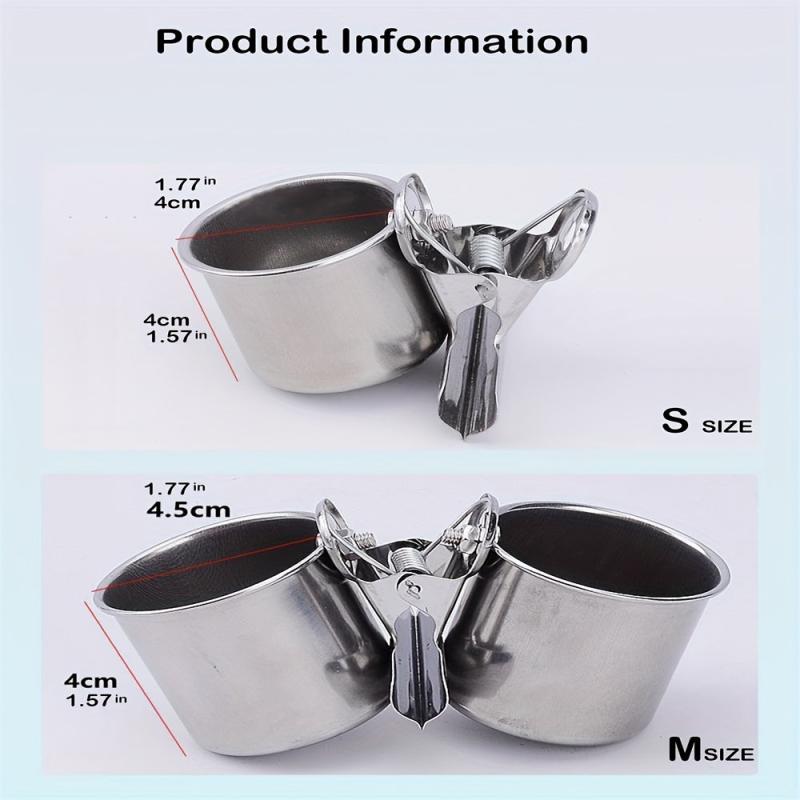 Stainless Steel Double Cups with Clip for Parrot Cage Food and Water