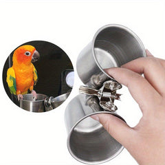 Stainless Steel Double Cups with Clip for Parrot Cage Food and Water