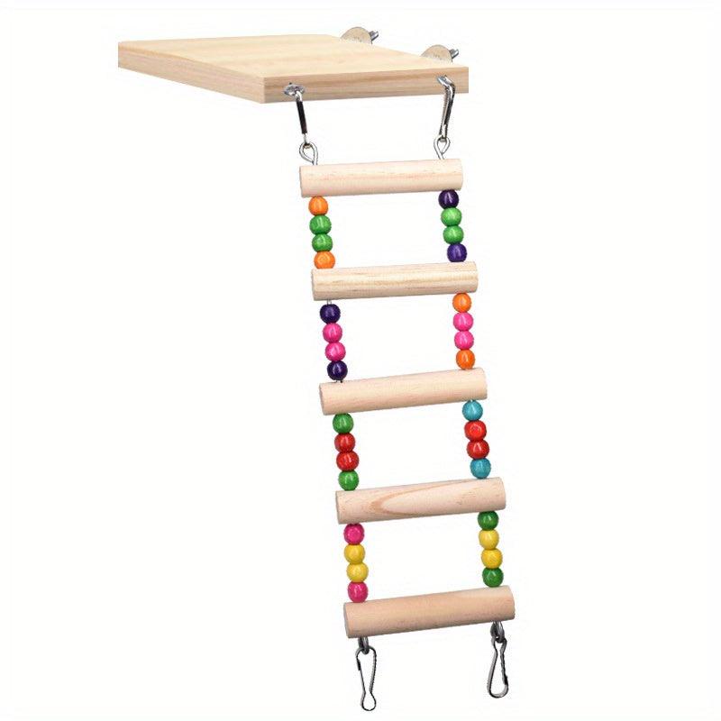 Wood Parrot Bird Perch Stand Platform With 4 Ladders Swing Bridge