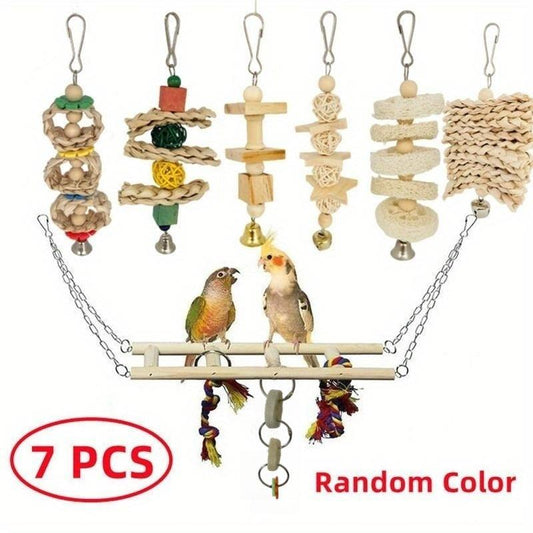 7pcs Natural Wood Bird Parrot Toys for Cockatiels & Parrots