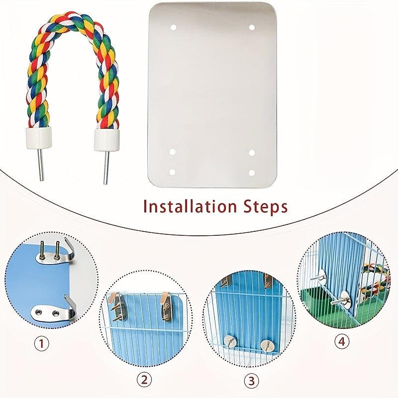Bird Mirror With Rope Perch Parrot Swing Toys