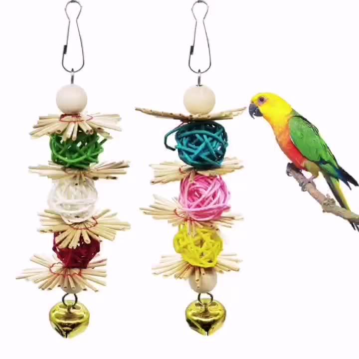 Colorful Rattan Balls Hanging Rope Swing Chew Toy For Bird Cage