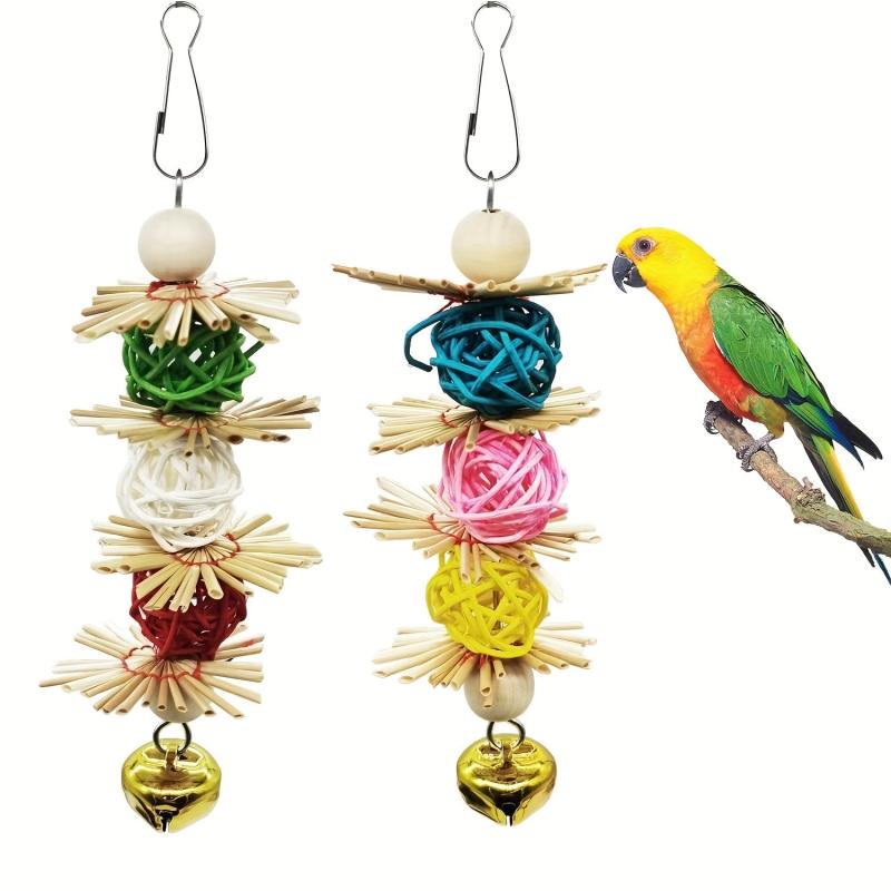 Colorful Rattan Balls Hanging Rope Swing Chew Toy For Bird Cage