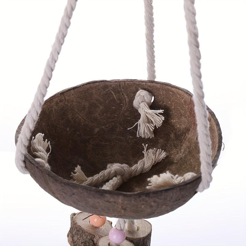 Coconut Bird's Nest Toy with Chewing Wood Block and Perch Swing