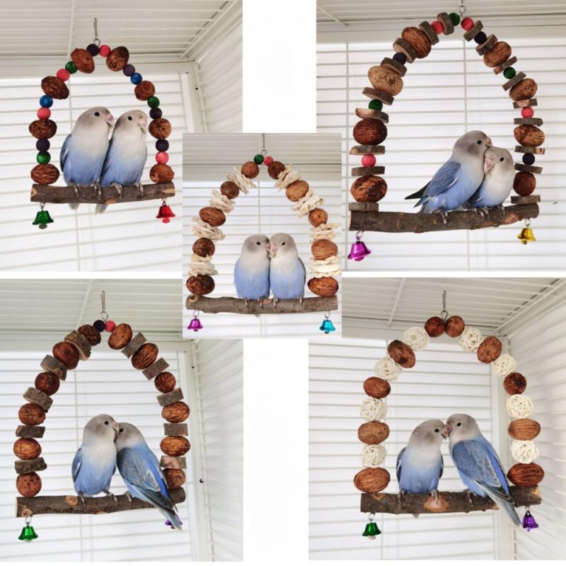 Parrot Perch Chew Toy Wooden Bird Standing Swing Toy With Bells