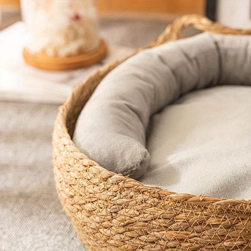 Rattan Woven Cat Nest, Semi Enclosed Cat Bed