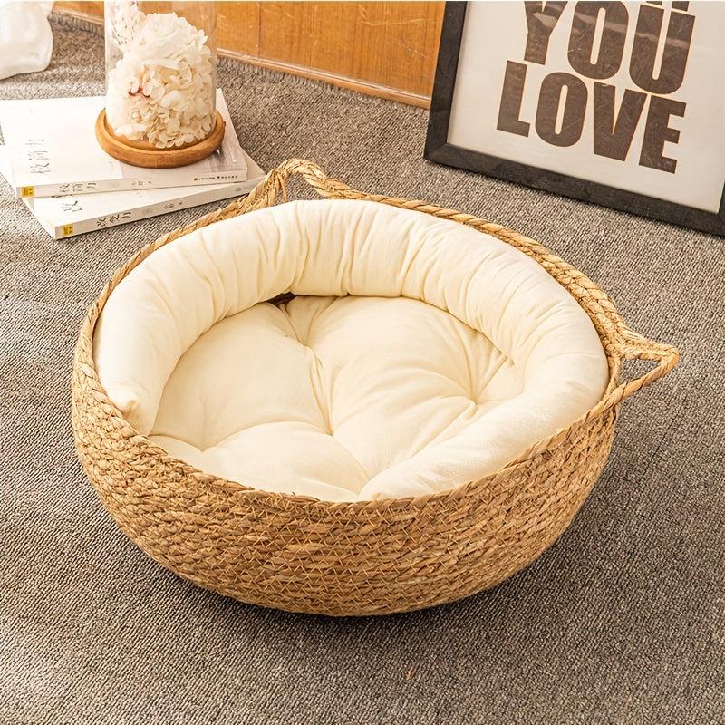 Rattan Woven Cat Nest, Semi Enclosed Cat Bed