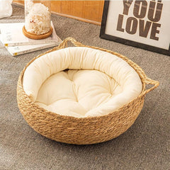 Rattan Woven Cat Nest, Semi Enclosed Cat Bed