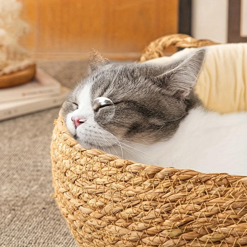 Rattan Woven Cat Nest, Semi Enclosed Cat Bed