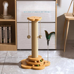 Wood Cat Scratching Post with Hanging Ball & Turntable