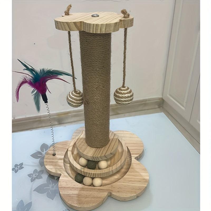 Wood Cat Scratching Post with Hanging Ball & Turntable