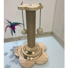 Wood Cat Scratching Post with Hanging Ball & Turntable