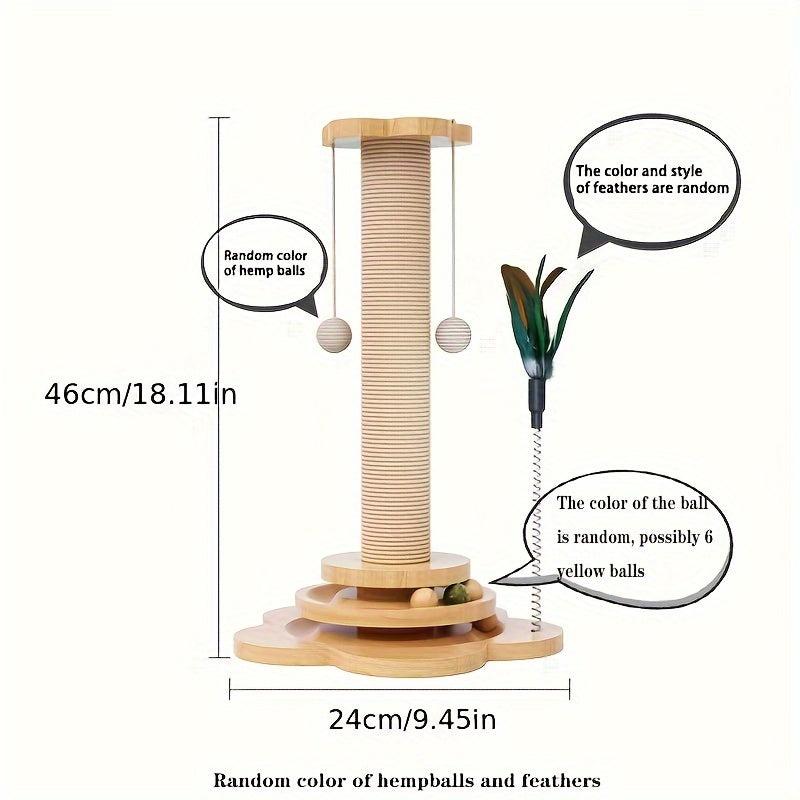 Wood Cat Scratching Post with Hanging Ball & Turntable