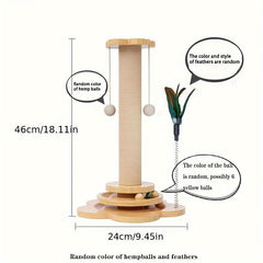 Wood Cat Scratching Post with Hanging Ball & Turntable