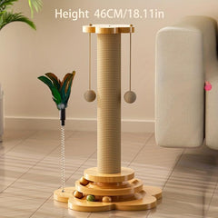 Wood Cat Scratching Post with Hanging Ball & Turntable