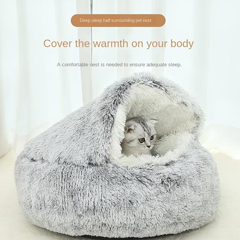 Soft Plush Cat Bed Cave With Hooded Thickened Pet Bed Semi enclosed Cat Nest