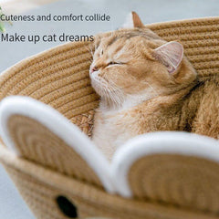 Woven Rattan Rope Cat Bed Semi Enclosed Cat Nest