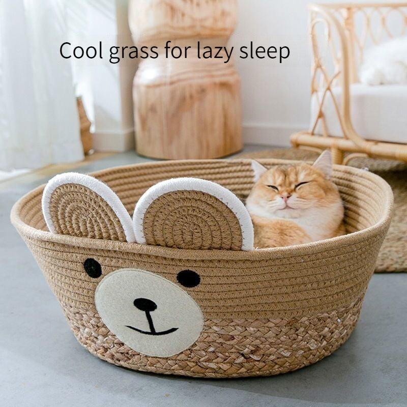 Woven Rattan Rope Cat Bed Semi Enclosed Cat Nest