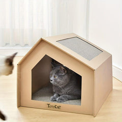 Durable Pet Cardboard House with Enclosed Villa & Claw Scratching Board
