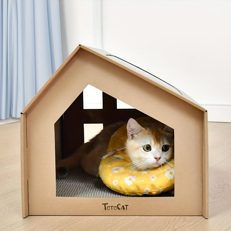 Durable Pet Cardboard House with Enclosed Villa & Claw Scratching Board