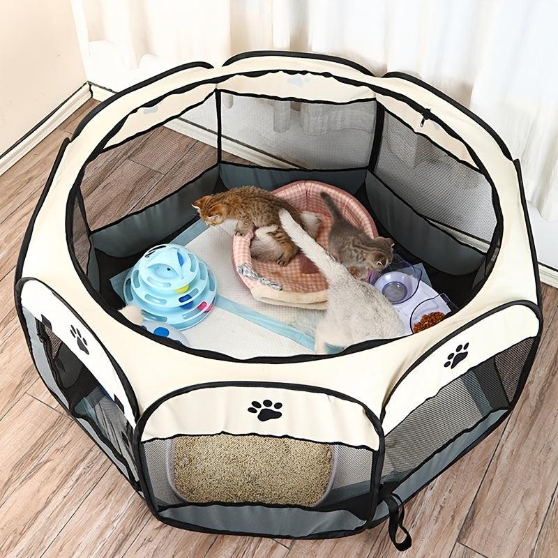 Foldable Pet Playpen with Mesh Window & Top Cover