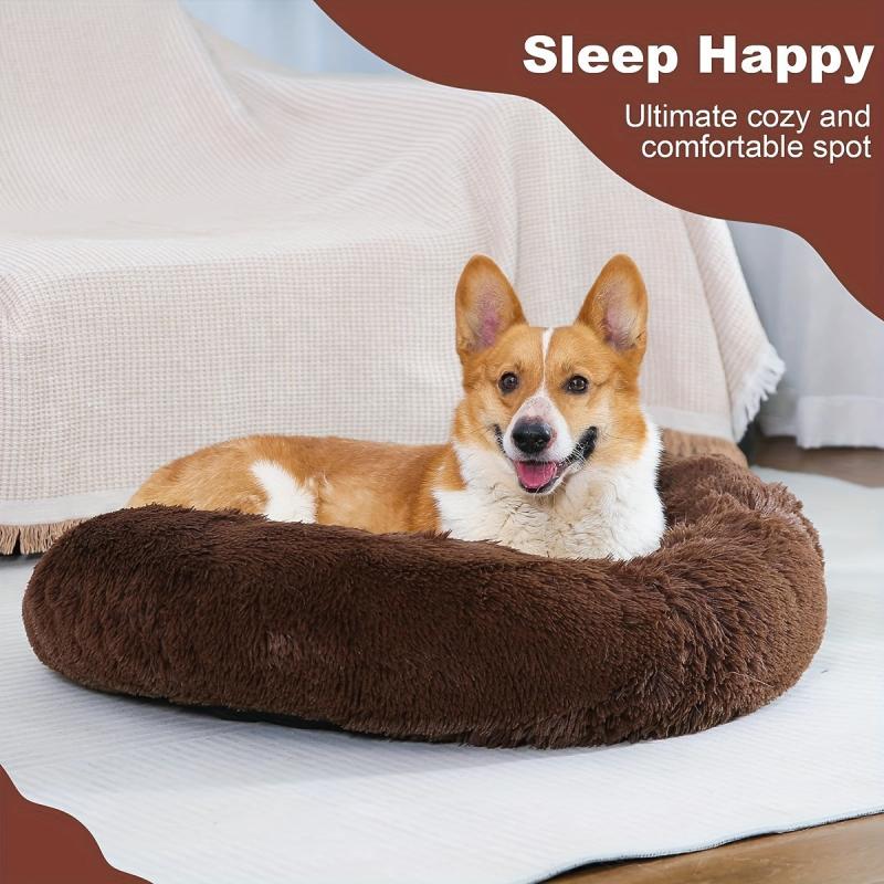 Round Plush Dog Nest Soft Calming Cushion Bed Cozy Donut Shape Pet Supplies
