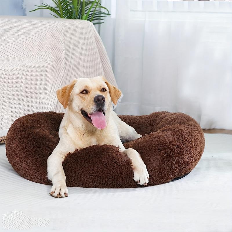 Round Plush Dog Nest Soft Calming Cushion Bed Cozy Donut Shape Pet Supplies