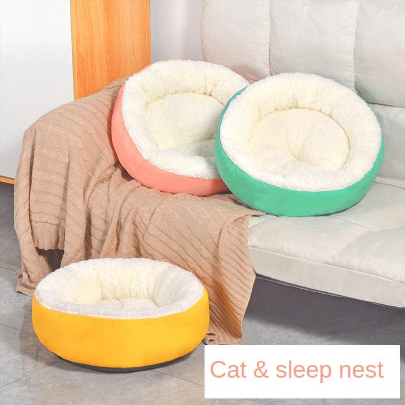 Round Plush Cat & Dog Bed 30/40/50cm, Warm Pet Bed