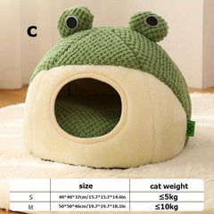 Hooded Cat Bed Soft Plush Cave Donut Frog Faux Fur Round