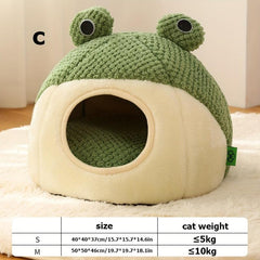 Hooded Cat Bed Soft Plush Cave Donut Frog Faux Fur Round