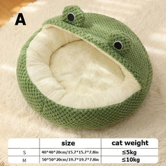 Hooded Cat Bed Soft Plush Cave Donut Frog Faux Fur Round