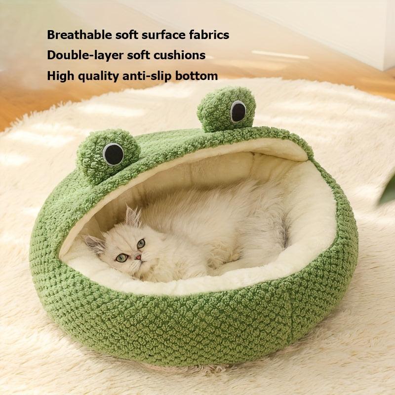 Hooded Cat Bed Soft Plush Cave Donut Frog Faux Fur Round