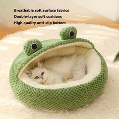 Hooded Cat Bed Soft Plush Cave Donut Frog Faux Fur Round