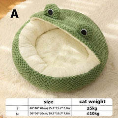 Hooded Cat Bed Soft Plush Cave Donut Frog Faux Fur Round