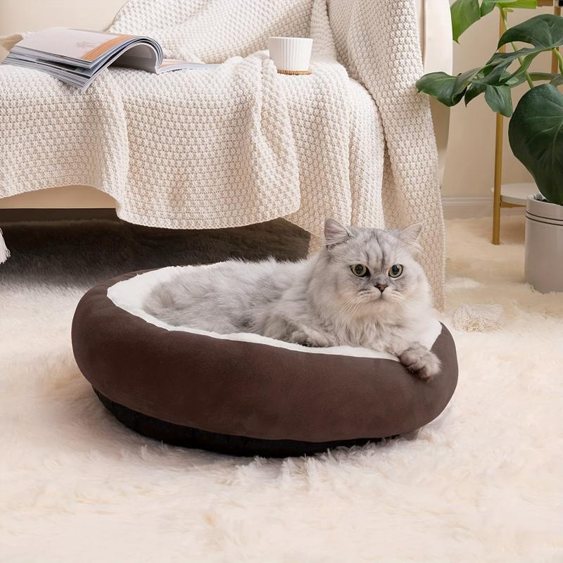 Round Donut Cat Cushion Bed Soft Plush Cat Nest Non-slip Bottom