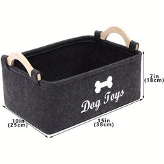 Felt Storage Bin w/ Wooden Handle for Dog Toys & Supplies