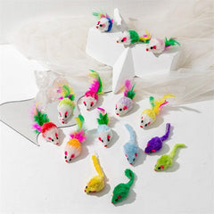 5pcs Colorful Mouse Cat Toys Feather Decor Plush Cat Teasing Toys