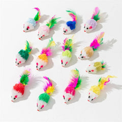 5pcs Colorful Mouse Cat Toys Feather Decor Plush Cat Teasing Toys