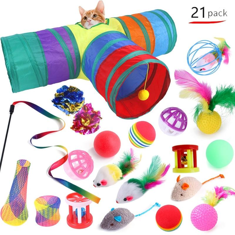 3-Way Feather Cat Toy Set with Tunnels for Indoor Cats