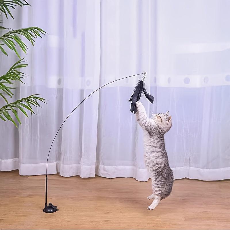 Cat Teasing Stick Suction Cup Steel Wire Long Rod Feather Cat Teaser Stick