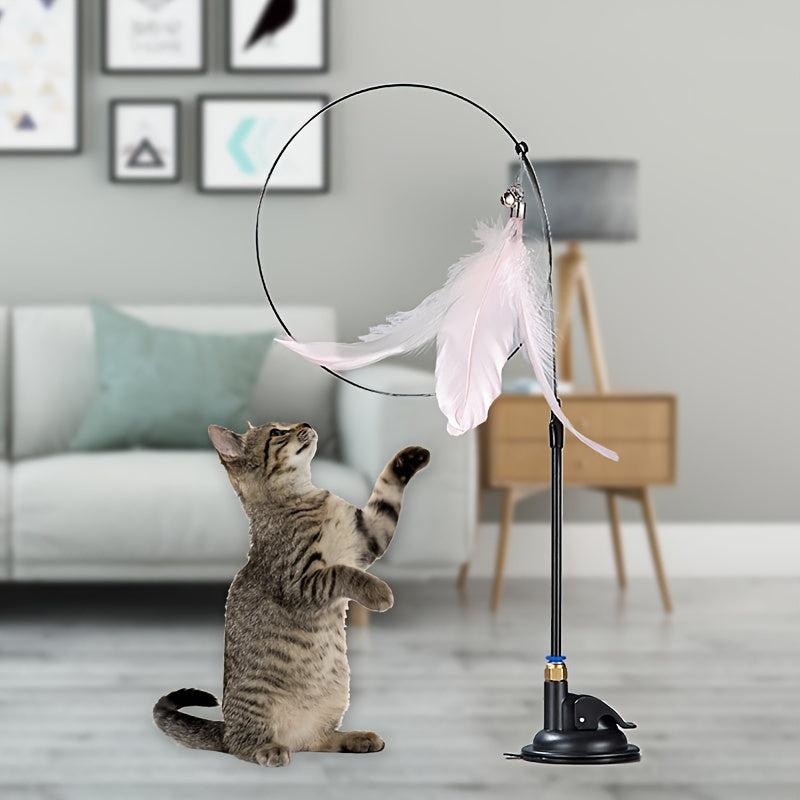 Cat Teasing Stick Suction Cup Steel Wire Long Rod Feather Cat Teaser Stick